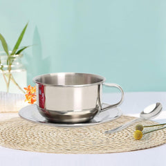 Coffee Mug Tea Cup Stainless Steel with Saucer Spoon Handle 200ml Coffee Cup Set for Office, 3Pcs