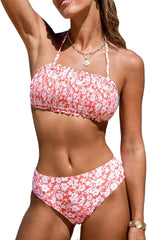 CUPSHE Bikini Set for Women Two Piece Swimsuit Bandeau Top Back Tie Mid Waisted Bottom with Removable Shoulder Straps