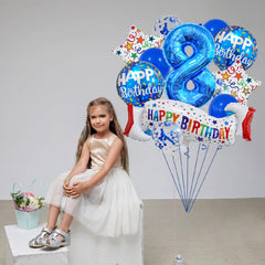 Happy 8th Birthday Balloon Colorful Banner Balloons Set 8th Year Old Birthday Blue Theme 8 Balloon Number 8 Foil Mylar Balloons Kids 8 Party Balloons Confetti Latex Mylar Balloons Party Supplies