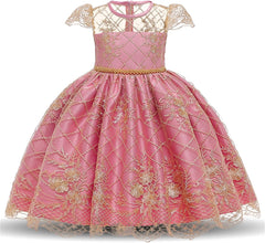 NNJXD Girl Flower Printed Cotton Elegant Tulle Bow Belt Princess Dress