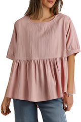 Womens Plus Size Babydoll Tops Summer Trendy Pleated Patchwork Short Sleeve Shirt Casual Pleasant Tunic Dressy Blouse