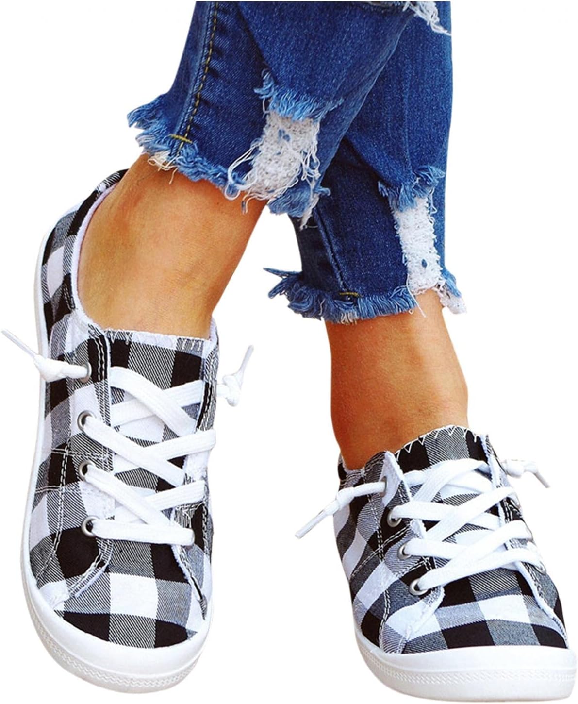 Hbeylia Canvas Shoes For Women Fashion Casual Plaid Lace Up Low Top Play Sneakers Lightweight Low Heels Slip On Flats Loafers Walking Shoes For Girls Running Outdoor Sports Driving