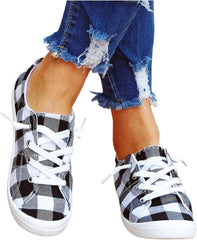 Hbeylia Canvas Shoes For Women Fashion Casual Plaid Lace Up Low Top Play Sneakers Lightweight Low Heels Slip On Flats Loafers Walking Shoes For Girls Running Outdoor Sports Driving