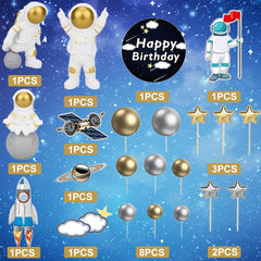 22 Pcs Space Cake Topper,Outer Space Cupcake Toppers Astronaut Figurine Decorations Birthday Themed Party Supplies Planet Rocket Pearl Balls and Star DIY Cake Toppers for Party