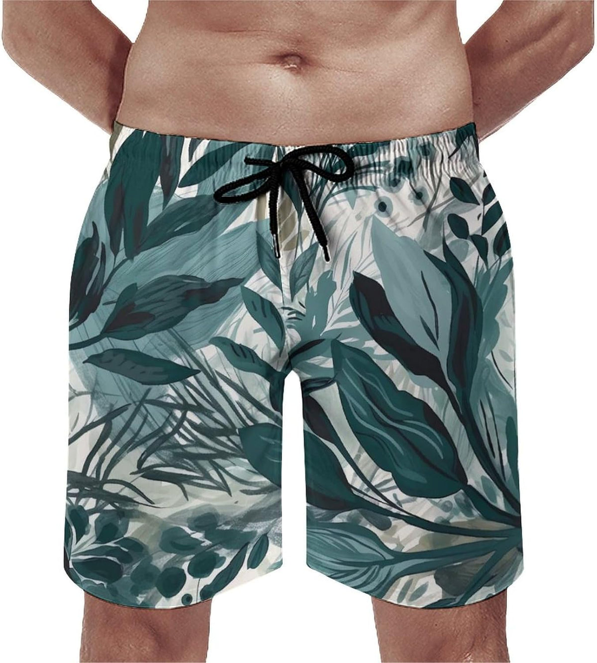 Men's Swim Trunks Hand Drawn Green Leaves Beach Shorts Quick Dry Summer Bathing Suit Swimwear Beachwear with Pockets