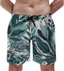 Men's Swim Trunks Hand Drawn Green Leaves Beach Shorts Quick Dry Summer Bathing Suit Swimwear Beachwear with Pockets