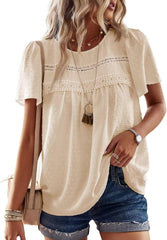 Womens Summer Tops Crewneck Short Sleeve Shirts Casual Chiffon Blouses Flowy Lace Hem Boho Clothing Trendy 2025