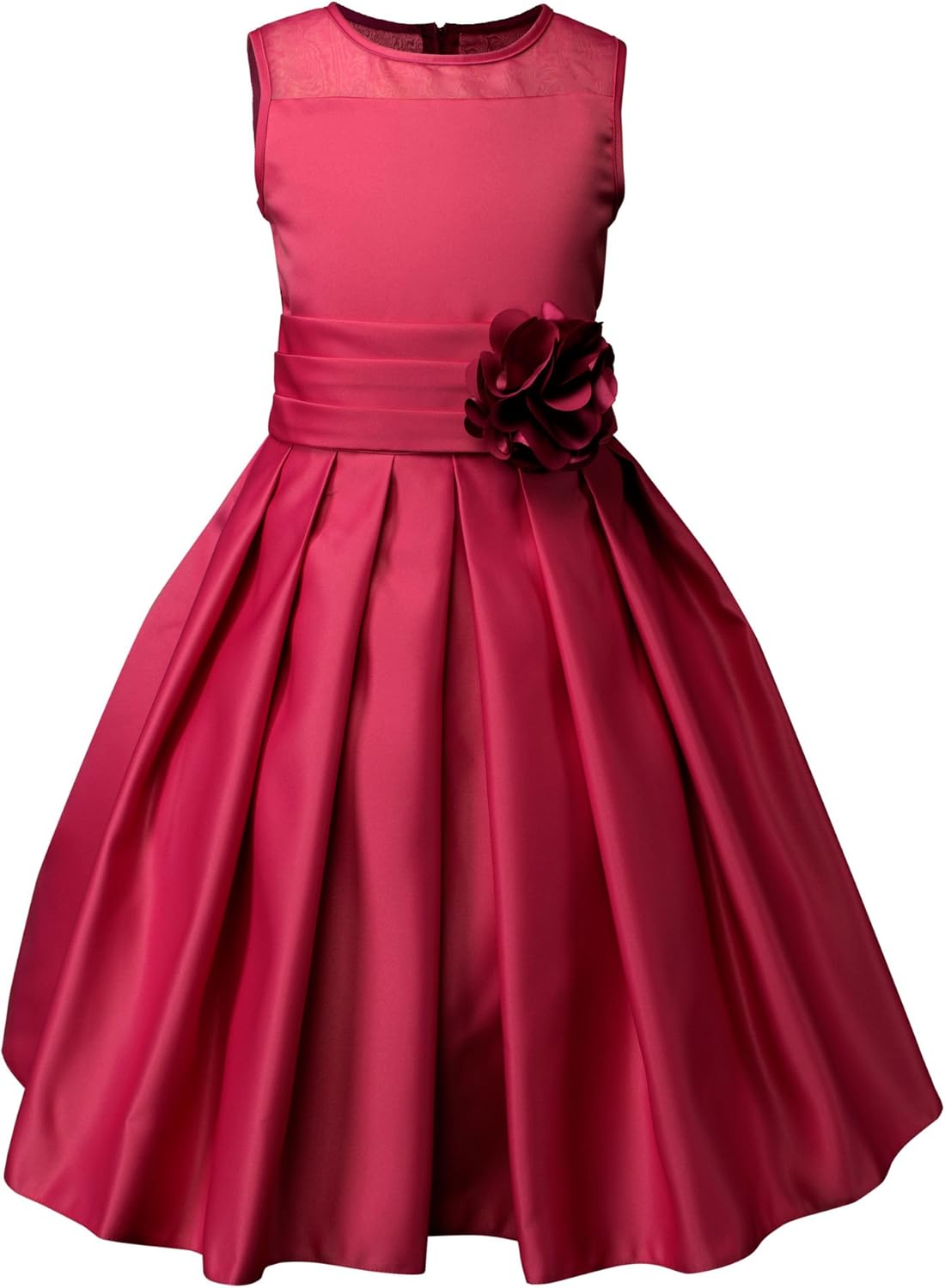 Spring Notion Big Girls Sheer Neckline Satin Tea Length Flower Girl Dress