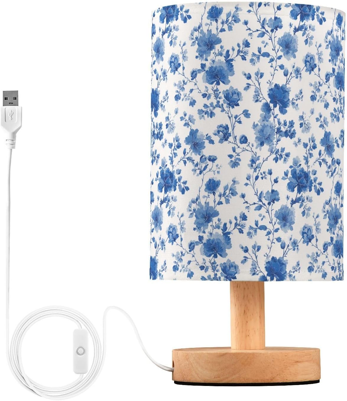 Elegant Blue Floral Bedside Table Lamp Small Desk Lamps Linen Fabric Shade Decorative Nightstand Lamp LED with USB Port Wood Base for Bedroom Living Room