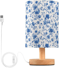 Elegant Blue Floral Bedside Table Lamp Small Desk Lamps Linen Fabric Shade Decorative Nightstand Lamp LED with USB Port Wood Base for Bedroom Living Room