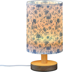Elegant Blue Floral Bedside Table Lamp Small Desk Lamps Linen Fabric Shade Decorative Nightstand Lamp LED with USB Port Wood Base for Bedroom Living Room