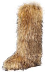 yamerbo Women's Faux Fur Boot Fuzzy Fluffy Round Toe Plush Winter Knee-High Boots Comfy Warm Tall Snow Boots for Outdoor Indoor Flat Shoes