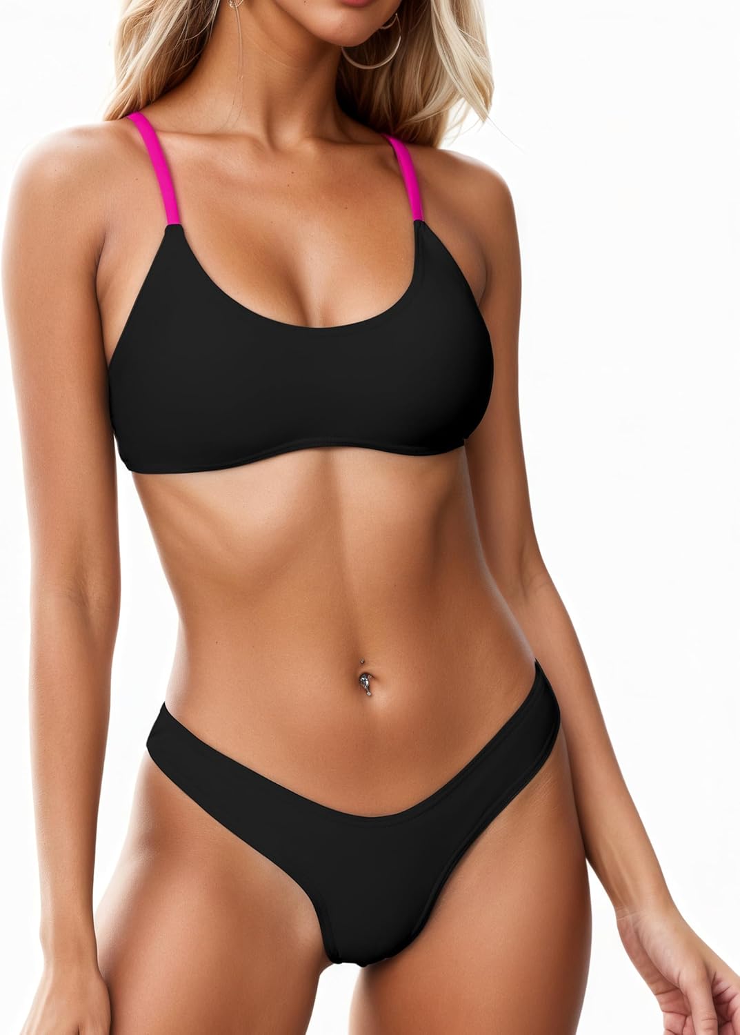 SherryDC Women's Solid Scoop Neck Push Up Padded Brazilian Thong Bikini Swimsuit Bathing Suit