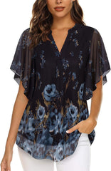 Timeson Women's Short Sleeve V Neck Blouses Shirts Floral Double Layers Mesh Tunics Tops