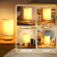 Desk Lamp LED Bulb Included, Small Bedside Table Lamp Plug-in - Classic Wood Base with Flaxen Fabric Shade, Lamps for Night Stands, Simple Nightstand Light for Bedroom, Office, Desk