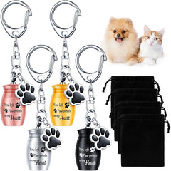 Batiyeer 4 Pcs Pet Ashes Keepsake Keychain for Dog Urns Keychain Stainless Steel Small Pet Urns for Dogs Cats Ashes with 4 Black Velvet Storage Bags, Paw Charm Keepsake Memorial