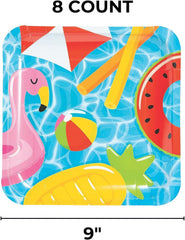 Fun Express Summer Square Paper Dinner Plates - Theme Kid Summer Beach- Dessert Plates for Hawaiian Beach - Decorations Tableware Supplies - 8 Pieces - Multicolor