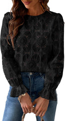 CUPSHE Women Eyelet Long Sleeve Tops Shirts Dressy Hollow Out Crochet Lace Embroidered Blouses 2025 Fashion