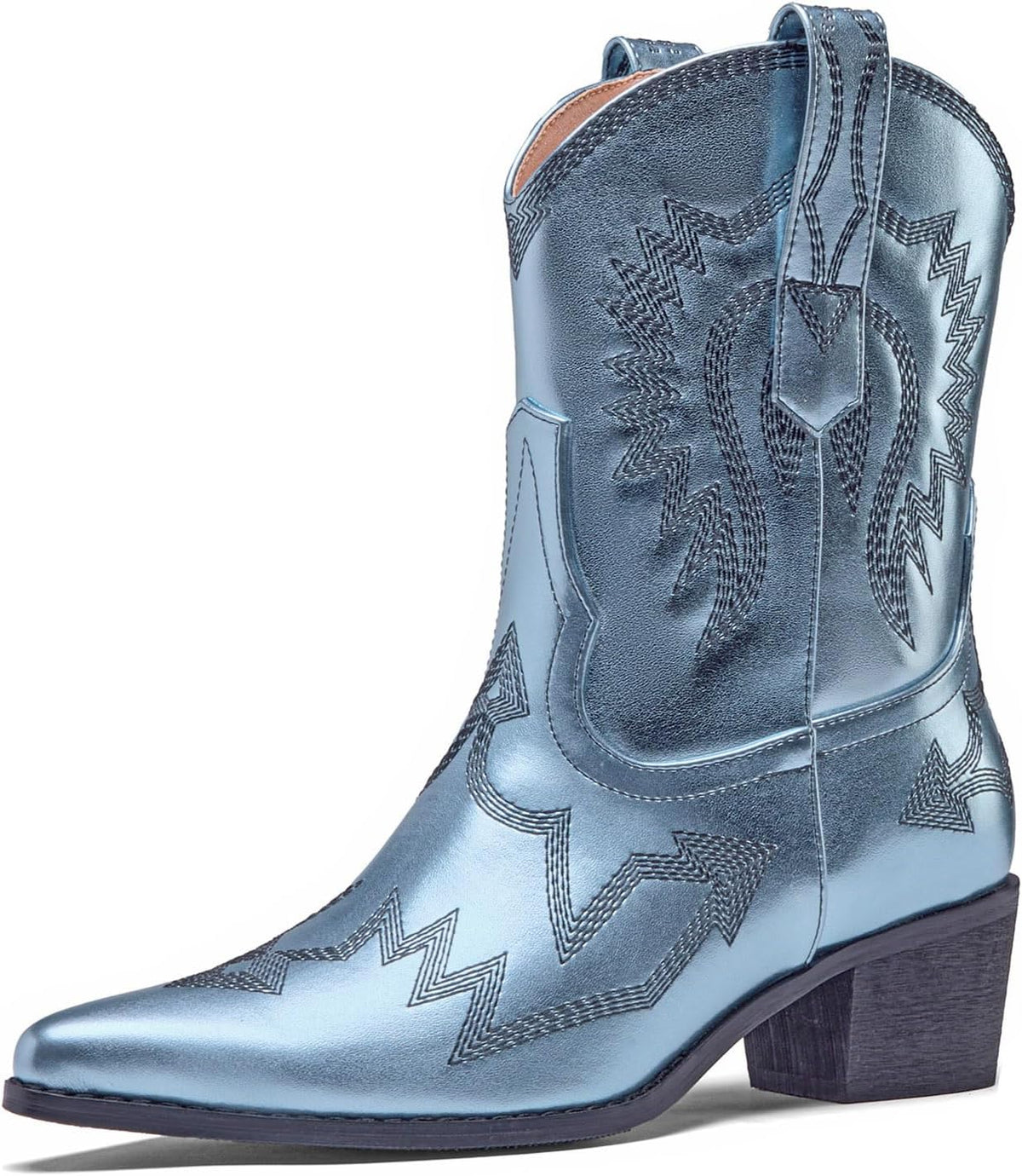Cowboy Boots for Women Embroidered Metallic Ankle Western Cowgirl Boots Pointed Toe Chunky Heel