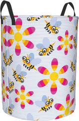 Cute Bee Flower Laundry Hamper Circular Laundry Basket Bin Dirty Clothes Bag Storage Basket Small