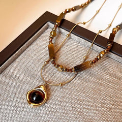 Retro Temperament Layered Tiger Eye Stone Pendant Necklace For Women Stainless steel Double-Layer Collarbone Chain Sets Jewelry Attractive design