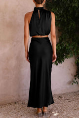 PRETTYGARDEN Women's 2 Piece Satin Outfits Summer Sleeveless Mock Neck Crop Tops and Long Skirt Dress Sets