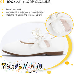 PANDANINJIA Toddler Girls Dress Shoes Flower Girl Flats Pearls Bow Mary Jane Wedding Party Flora Shoes