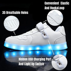 Wooowyet Kids LED Sneakers for Boys Hook&Loop Low Light Up Shoes LED Girls USB Recharging