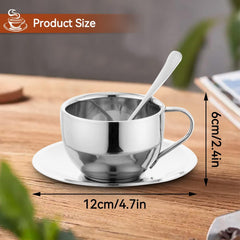 Stainless Steel 4oz Double Wall Espresso Cup with Saucer and Spoon, Cappuccino Coffee Latte Tea Mug