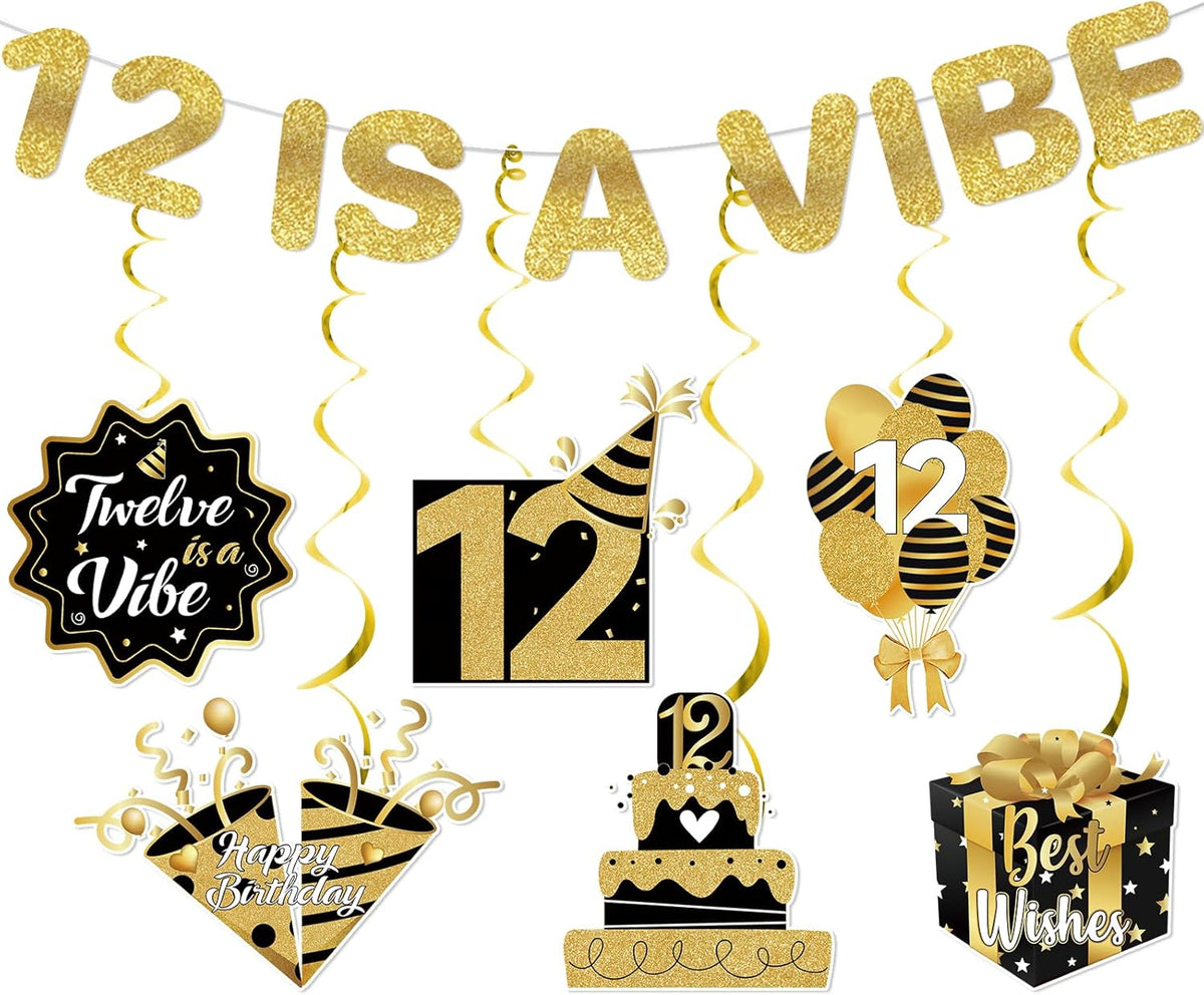 12 is a Vibe Banner Gold Glitter with Hanging Swirls, 12th Birthday Decorations for Girls Boys, 12 Year Old Girl Boy Birthday Decorations for Party Supplies Ideas Gifts