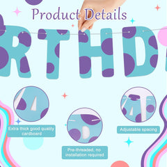 Cartoon Happy Birthday Banner, Pre-Strung Cartoon Themed Birthday Party Decoration Blue & Purple Banner for Kids Boys Baby Shower Event Party Decor Supplies Favors