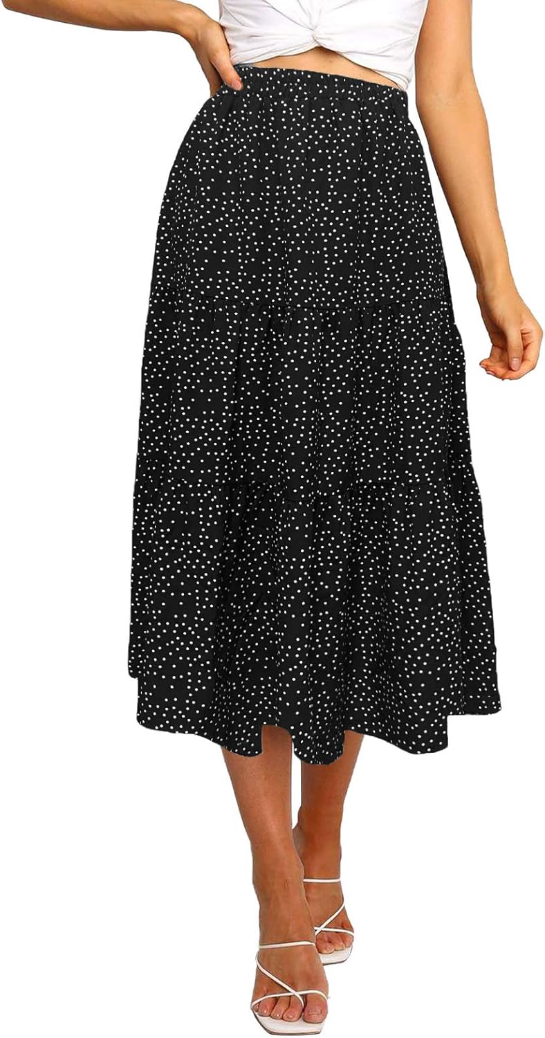 MEROKEETY Women's Boho Leopard Print Skirt Pleated A-Line Swing Midi Skirts