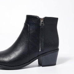 Women's Black Faux Leather Mid-Calf Boots - Low Block Heel with Side Zipper & Perforated Detail, Round Toe Comfort Booties for Fall/Winter (9.7cm Shaft, 5.7cm Heel)