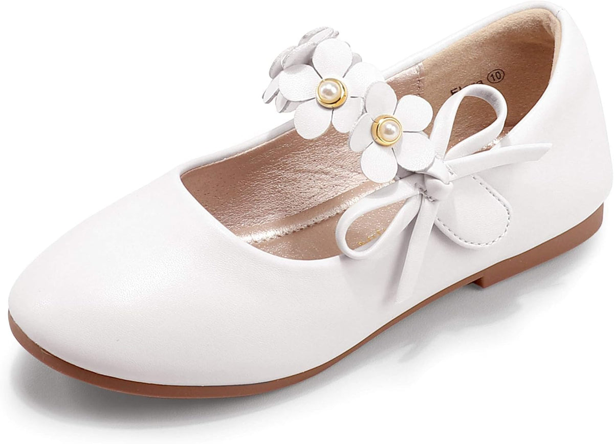 PANDANINJIA Toddler Girls Dress Shoes Flower Girl Flats Pearls Bow Mary Jane Wedding Party Flora Shoes