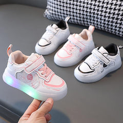 Baby Kindergarten LED Leather Shoes Boys Girls Astronaut Print Luminous Bling Students Casual Sport Sneakers