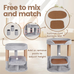 23.6" - Cat Tree with Sisal Scratching Post, Summer Cooling Bamboo Mat and Adjustable Height, for Cats up to 22 lbs, Comfortable Perch Tower, Toys, Gray