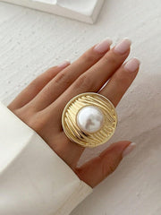 1pc Vintage Multi-Element Metal Spiral Waterdrop Adjustable Ring Faux Pearl Inlaid Jewelry for Women