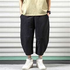 XUETON Mens Harem Pants Casual Relaxed Fit Linen Cotton Elastic Waist Solid Color Loose Capri Beach Pants