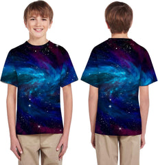 Teen Boys Girls Versatile Tops Casual T-Shirt Galaxy Print Tee Summer Short Sleeve Round Collar Shirt