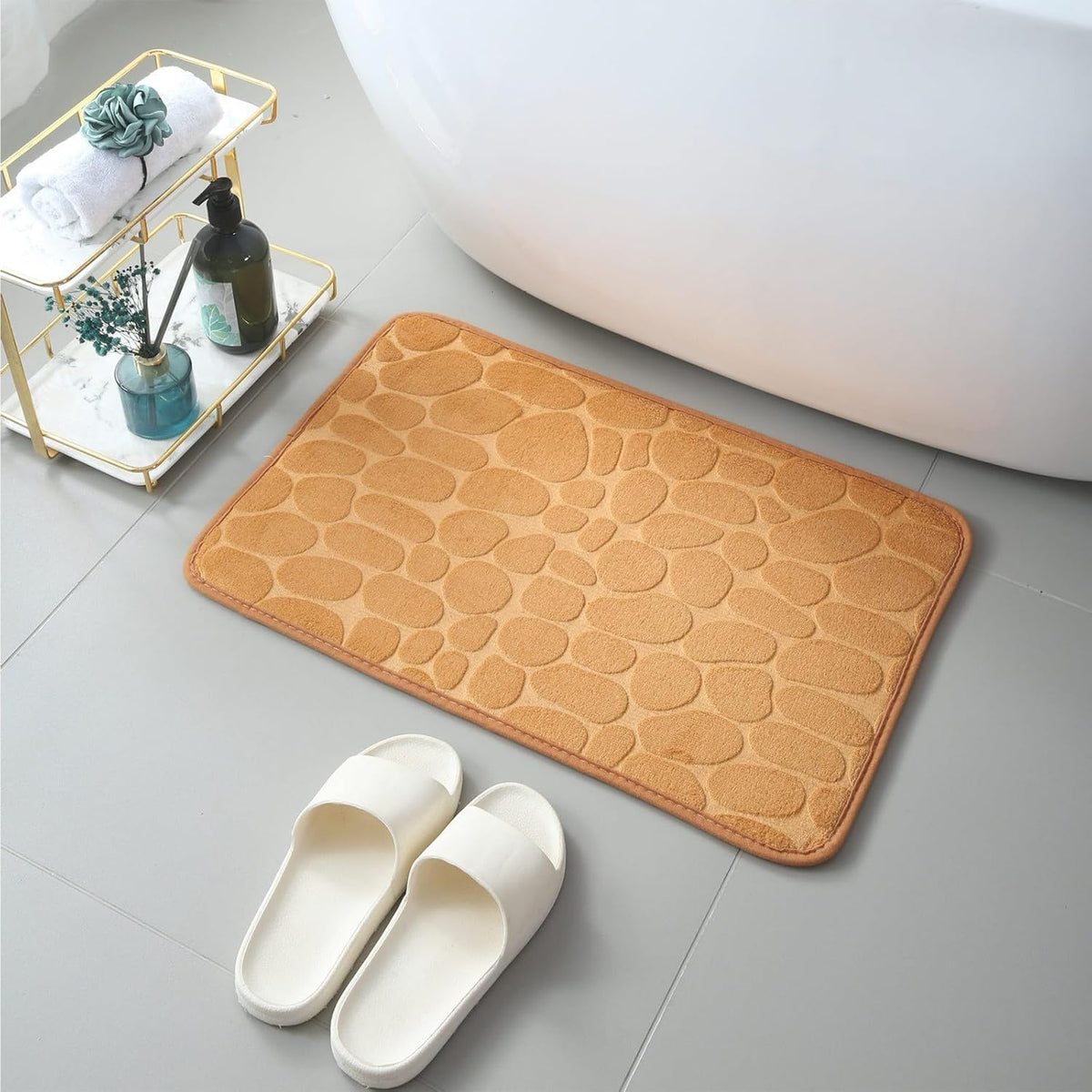 Generic Memory Foam Bath Mat Massage Stone Embossed Bathroom Rugs Super Water Absorbent Machine Washable Bath Rugs Non-Slip Bath Mat Entrance Bedroom Floor Carpet Doormats Living Room, Khaki