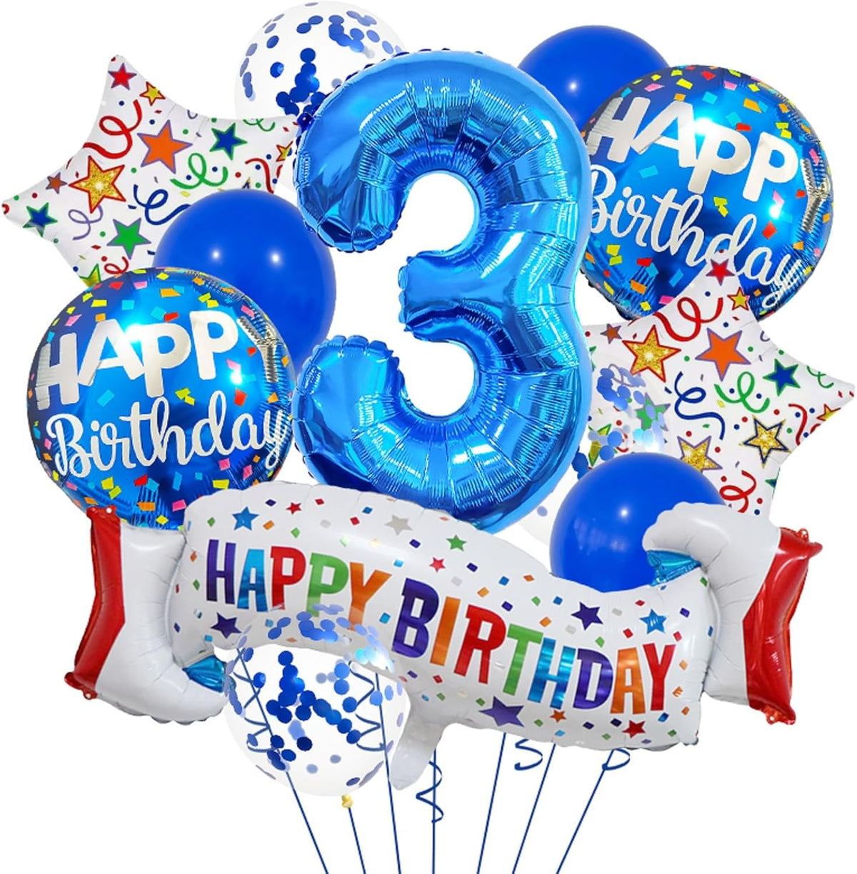 Happy 3rd Birthday Balloon Colorful Banner Balloons Set 3rd Year Old Birthday Blue Theme 3 Balloon Number 3 Foil Mylar Balloons Kids 3 Party Balloons Confetti Latex Mylar Balloons Party Supplies