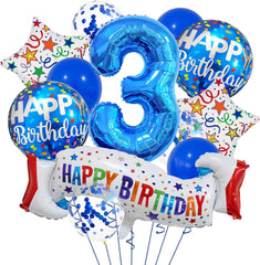 Happy 3rd Birthday Balloon Colorful Banner Balloons Set 3rd Year Old Birthday Blue Theme 3 Balloon Number 3 Foil Mylar Balloons Kids 3 Party Balloons Confetti Latex Mylar Balloons Party Supplies
