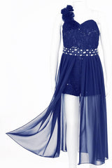 Kids Girls Sleeveless Floral Lace Shiny Rhinestones Birthday Party Maxi Dress Pageant Dancing Romper Gowns