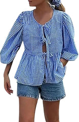 Tie Front Tops Women Summer Striped/Plaid Babydoll Top 3/4 Puffed Sleeve Cute Tops Ruffled Going Out Shirt Teen Girls