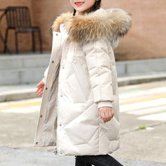 Girls Boys Winter Outerwear Hooded Down Coat Packable Lightweight Warm Puffer Down Jacket with (Beige, 14-15 Years)