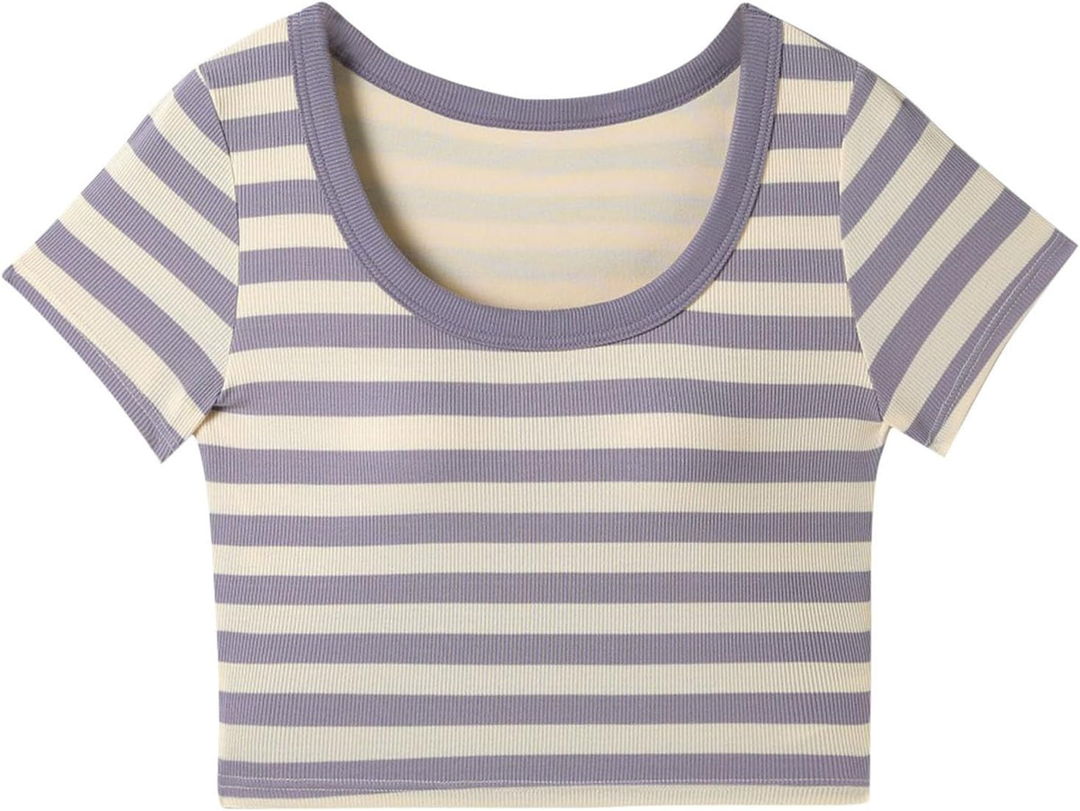 Girls Striped T Shirts Kids Short Sleeve Slim Fitted Knit Tops 2025 Summer Trendy Comfy Crew Neck Tees