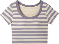 Girls Striped T Shirts Kids Short Sleeve Slim Fitted Knit Tops 2025 Summer Trendy Comfy Crew Neck Tees