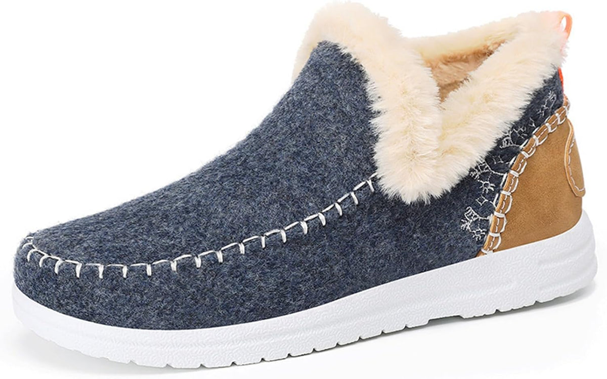 Women Winter Plush Lined Flat Shoes Comfy Orthopedic Arch Support Outdoor Walking Short Boots Non Slip Fuzzy Cozy Booties (11,Blue)