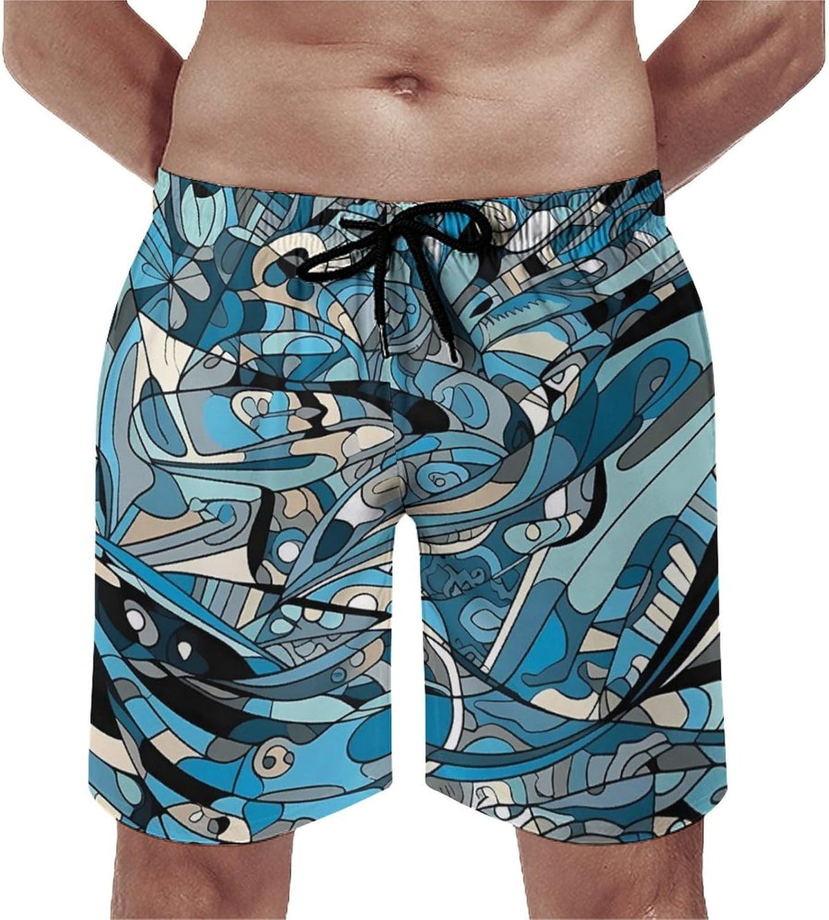 Men's Swim Trunks Blue Line Graphics Beach Shorts Quick Dry Summer Bathing Suit Swimwear Beachwear with Pockets