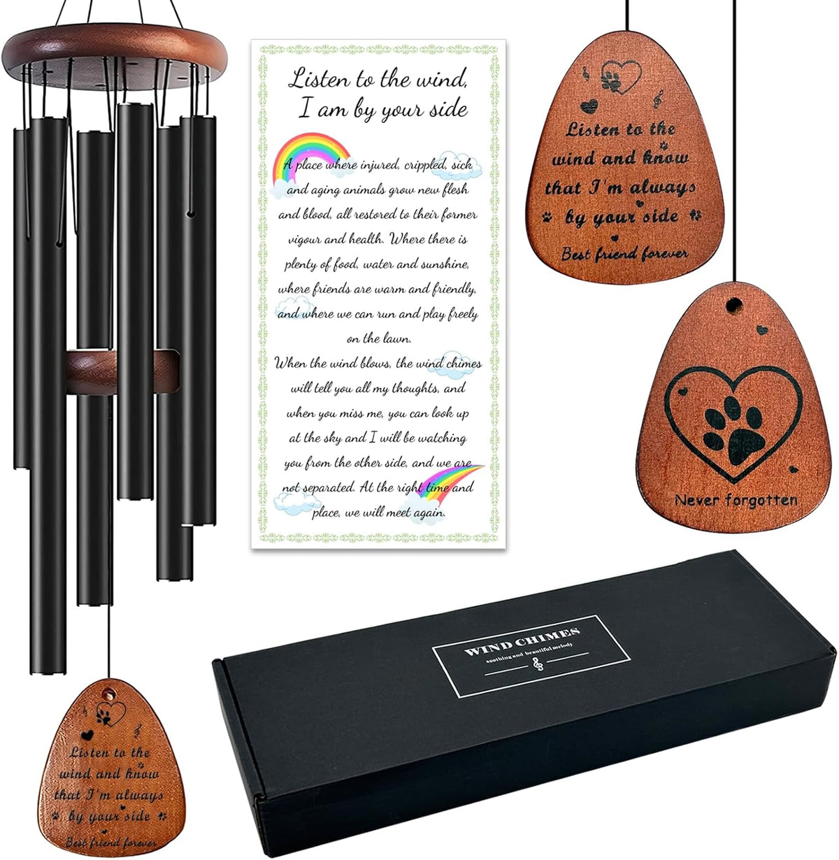 Fhiny Dog Memorial Wind Chime, 28'' Pet Loss Remembrance Gift - 6 Tube Metal Chimes for Cat & Dog Passing Away With Poem Card - Sympathy Gift